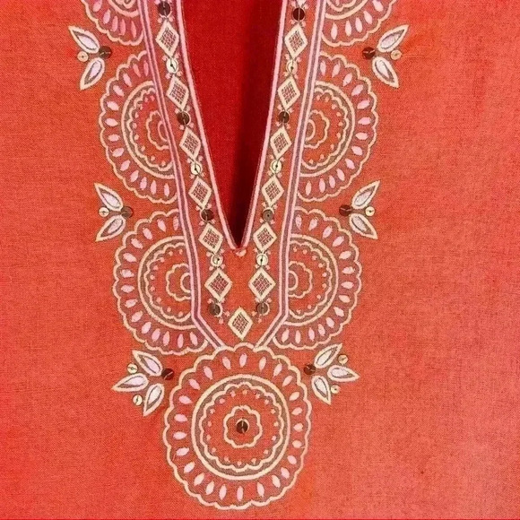 J. Crew Coral Embroidered Embellished V-Neck Linen Kimono Tunic Top Size XS - Picture 3 of 12
